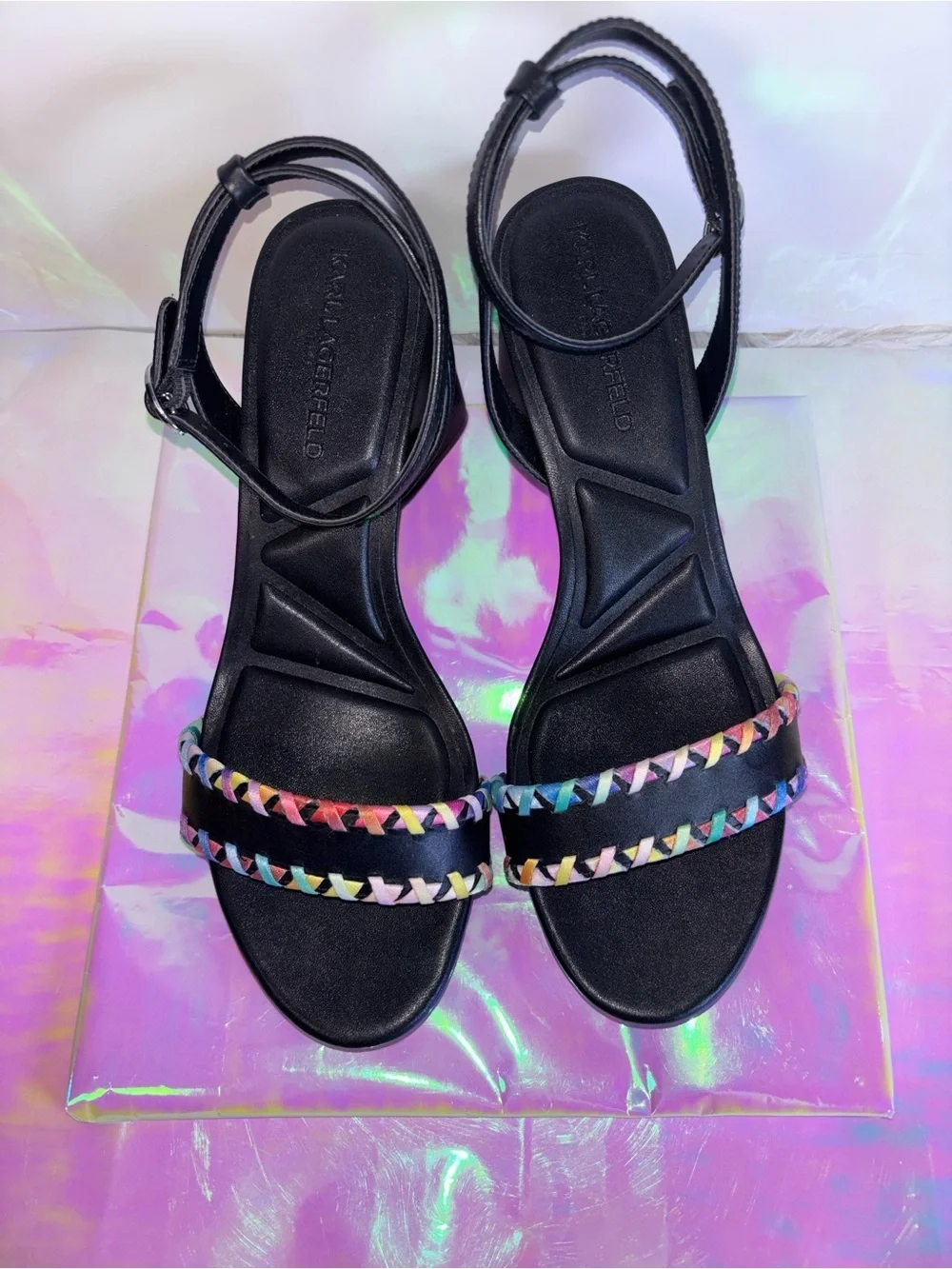 Karl Lagerfeld Black Leather Sandal with Rainbow Braided Trim NWOT 6.5 & 9